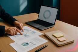 Table de réunion avec documents stratégiques et ordinateur portable, deux personnes pointent un schéma lors d’un cadrage IA en entreprise.