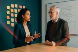 Dirigeante et consultant analysant des parcours clients sur un tableau pour décider des usages pertinents de l’IA en PME.