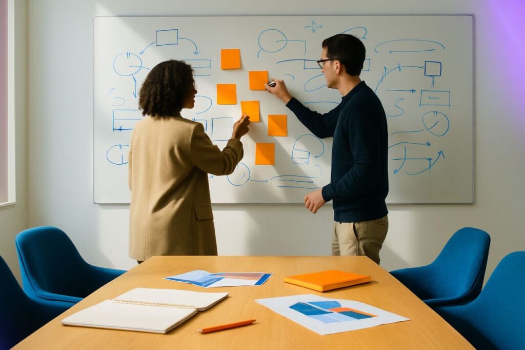 Team meeting in front of a whiteboard to prioritize AI use cases aligned with strategy.