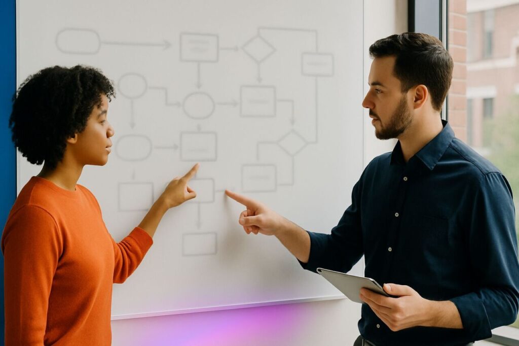 Two colleagues analyze a customer journey on a whiteboard to identify an AI impact point.