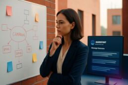 Directrice marketing de PME devant un tableau de stratégie et un écran d’assistant IA, illustrant l’exécution assistée et le pilotage humain.