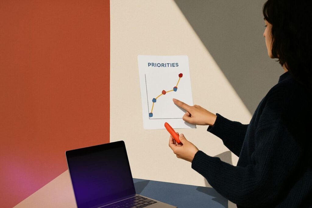 Deux professionnels en réunion comparent un texte généré par IA et un croquis de parcours client pour décider de la meilleure approche marketing.