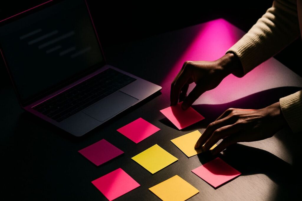 Mains réorganisant des post‑its pendant un atelier pour décider des tâches marketing à automatiser ou non.
