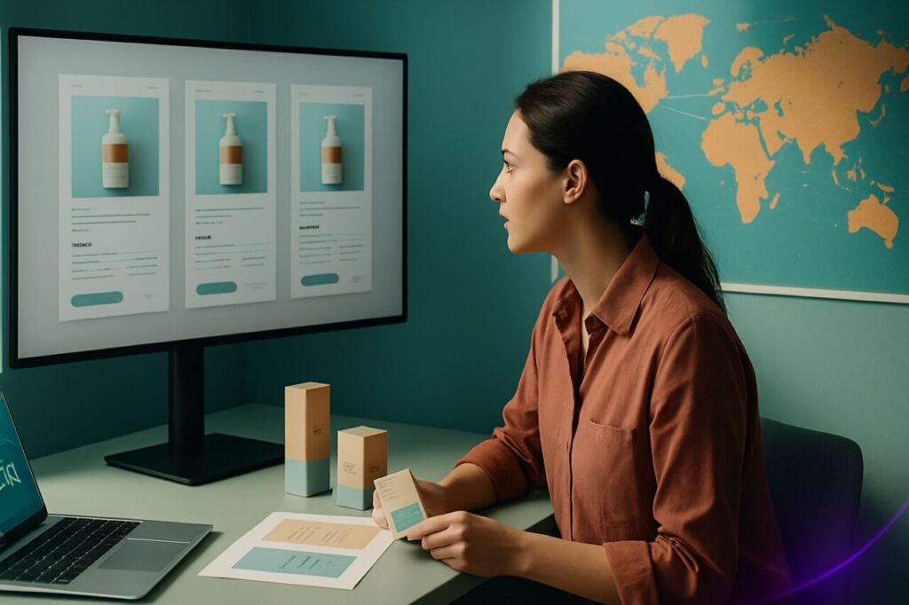 Consultante marketing comparant des versions localisées d’une page produit, avec maquettes, packaging et carte mondiale annotée sur un bureau moderne.