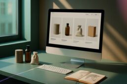 Bureau d’une PME préparant son marketing international, avec un site affiché à l’écran et un sélecteur de pays et de devise.