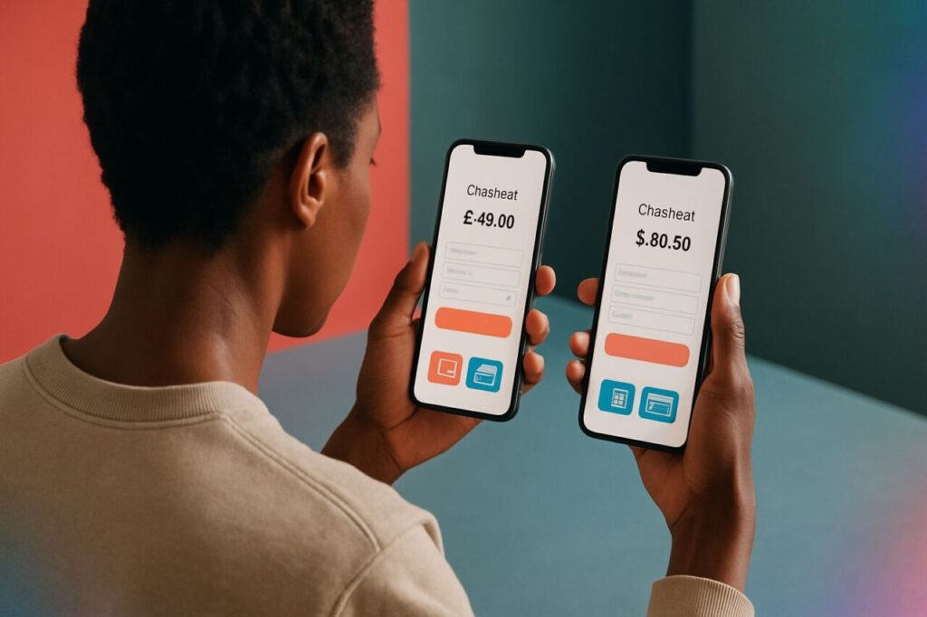 Comparison of two e‑commerce checkouts with local currencies and payments, illustrating per‑market adaptation.