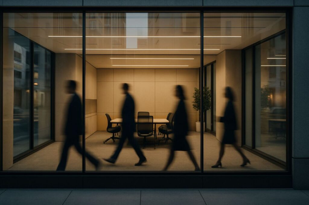 Vitrine d’entreprise soignée avec reflets urbains, symbole de la perception et de la réalité d’une marque B2B.