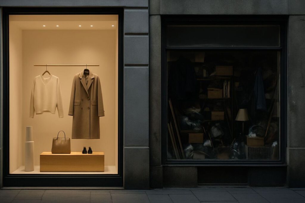 Two storefronts side by side, one polished and one neglected, illustrating how perception impacts the decision to walk in.