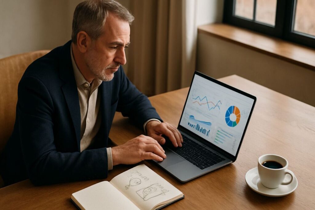 Un consultant marketing analyse un tableau de bord de conversion et de marge sur un ordinateur portable, documents et croquis à côté sur un bureau contemporain.