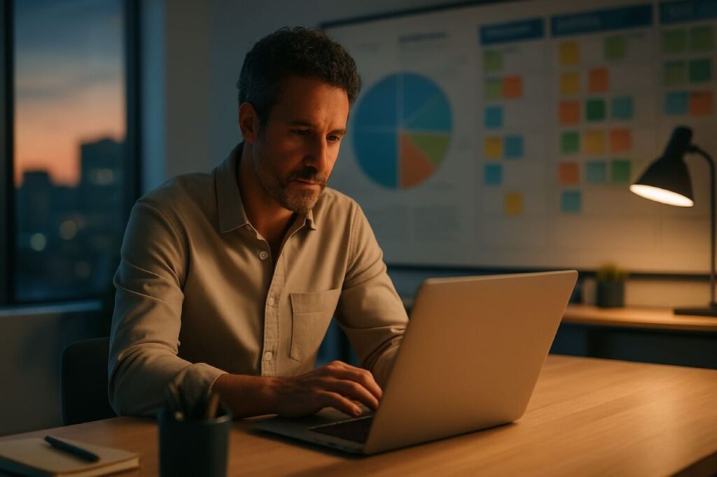 Dirigeant de PME analysant la qualité des leads et la marge sur un ordinateur, avec un tableau de pipeline commercial en arrière-plan.