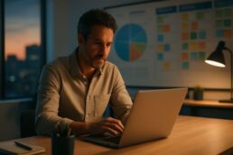 Dirigeant de PME analysant la qualité des leads et la marge sur un ordinateur, avec un tableau de pipeline commercial en arrière-plan.