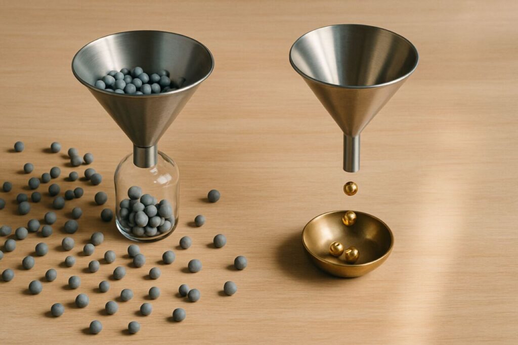 Two funnels on a desk: one lets many scattered gray marbles through, the other a few golden marbles that drop precisely into a small dish—illustrating quality versus volume.