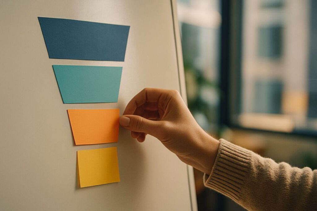 Hand rearranging colorful sticky notes on a board, illustrating a sales funnel and demand qualification.