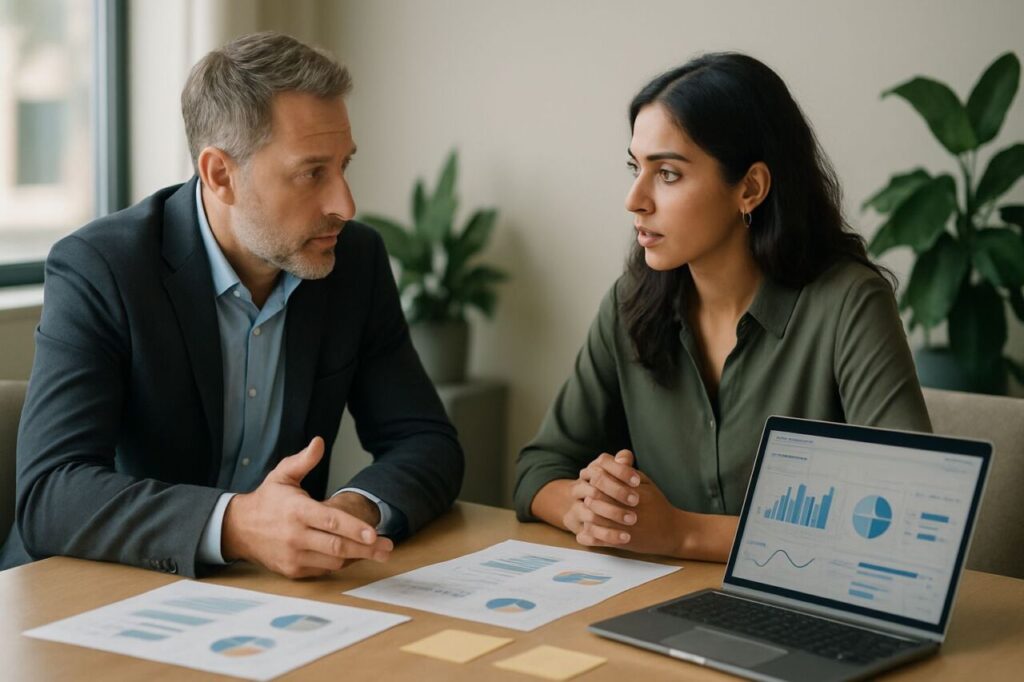 Dirigeant de PME en réunion avec une consultante, examinant un tableau de bord marketing et des documents stratégiques sur une table de réunion lumineuse.
