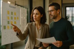 Dirigeant et responsable marketing de PME analysant une feuille de route sur un mur vitré pour décider entre temps plein, temps partagé et conseil.