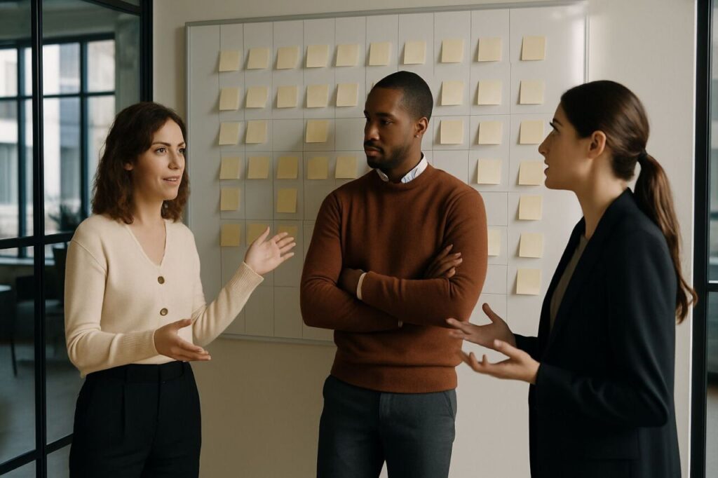 Executive team evaluating different marketing organization options in front of a whiteboard in a bright office.