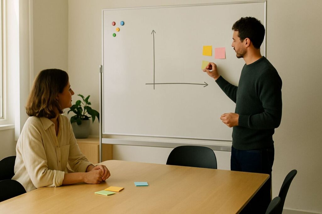 SMB marketing team sketching a maturity vs. workload matrix on a whiteboard to choose between hiring, fractional, consultant, or agency.