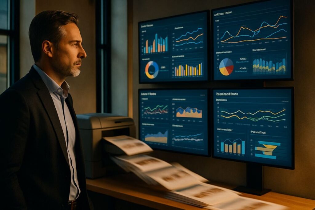 Directeur marketing devant des tableaux de bord d’acquisition tandis qu’une imprimante industrielle produit des prospectus à grande vitesse, illustrant l’amplification d’un mauvais message.
