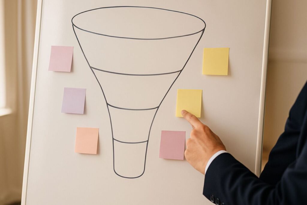 Close-up of a whiteboard with a hand-drawn conversion funnel sketch, illustrating the proper order of steps before automating.