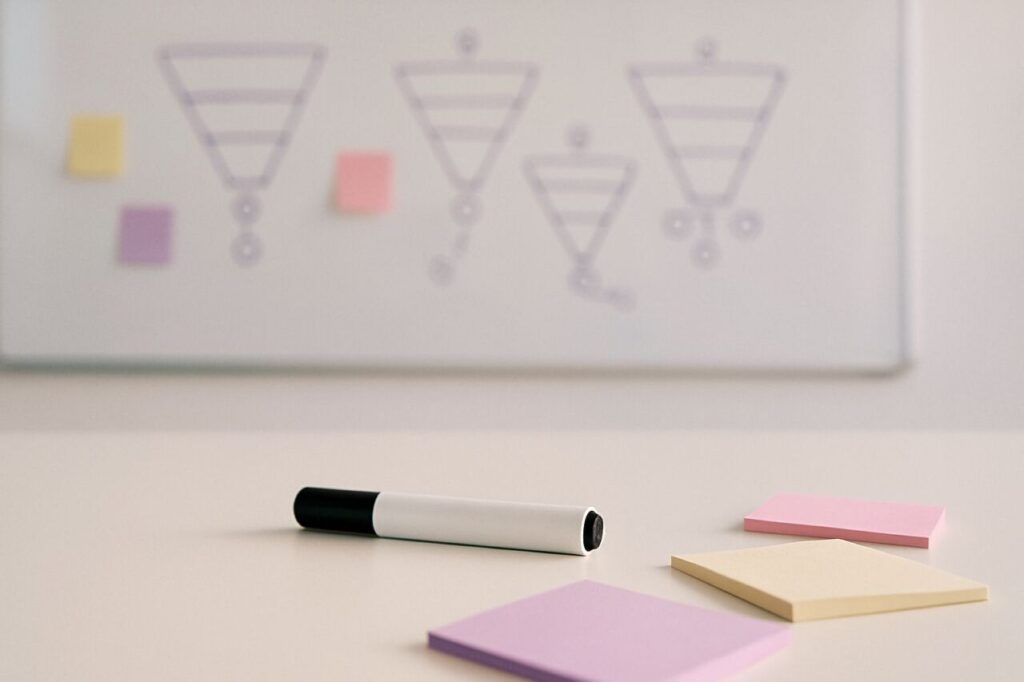 A workspace with a blurred whiteboard and sticky notes evoking the structure of an acquisition journey.