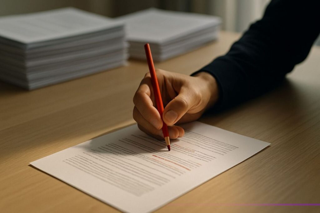 Une main annote au crayon rouge une page mise en avant parmi des piles de documents, symbolisant la qualité éditoriale face au volume de production.