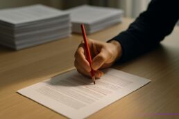 Une main annote au crayon rouge une page mise en avant parmi des piles de documents, symbolisant la qualité éditoriale face au volume de production.