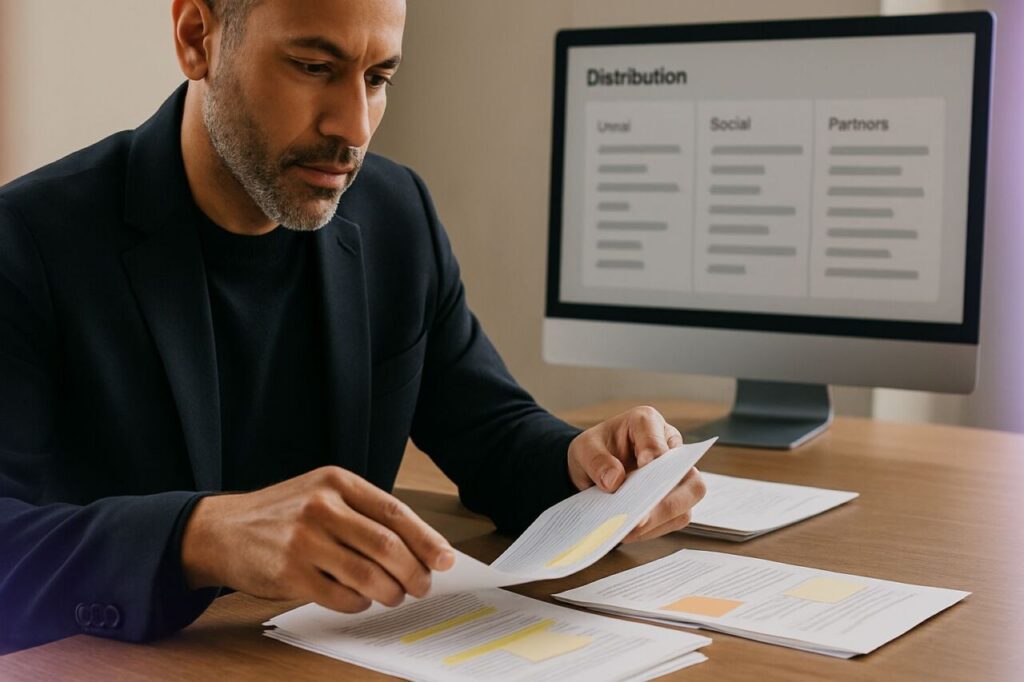 Dirigeant PME triant quelques contenus annotés sur une table, avec un écran montrant un tableau de distribution marketing en arrière‑plan.