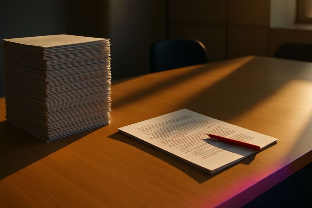 Meeting table with stacks of identical documents on the left and one annotated document on the right, illustrating the difference between volume and value.