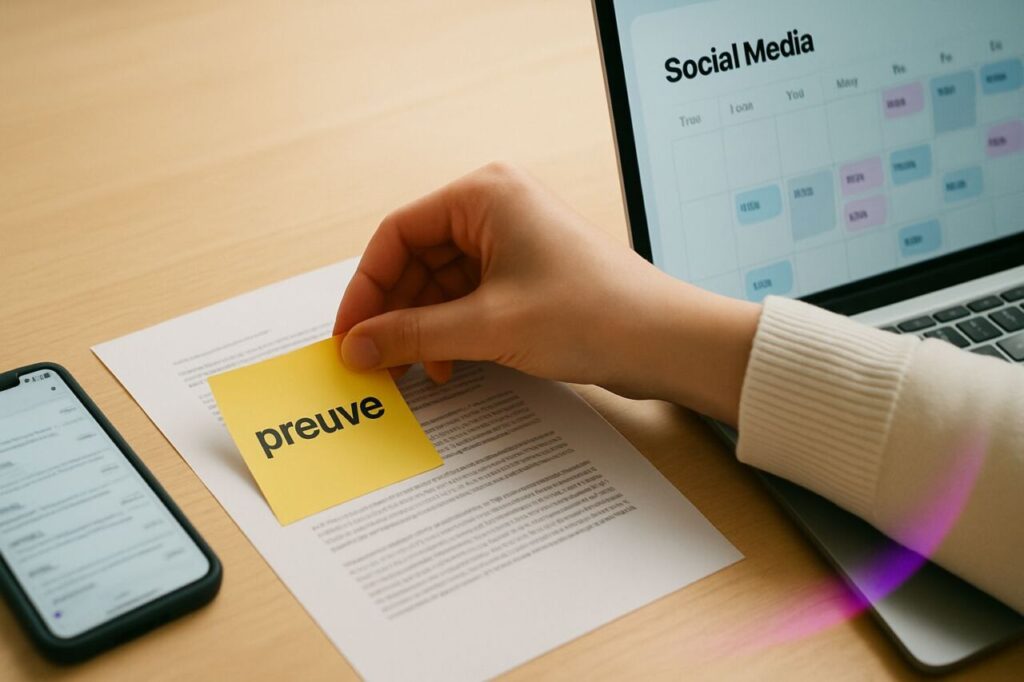 Hand placing a sticky note on a content page, with smartphone and social schedule in the background, symbolizing distribution and proof.