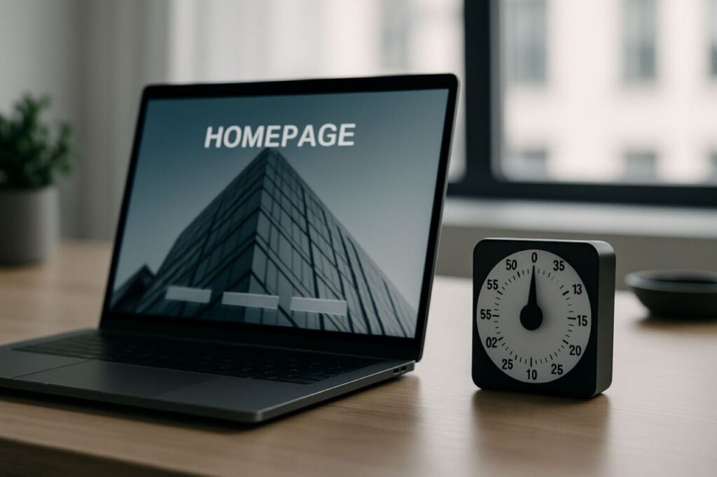 Un professionnel observe une page d’accueil d’entreprise sur un ordinateur portable avec un minuteur à 10 secondes posé à côté.