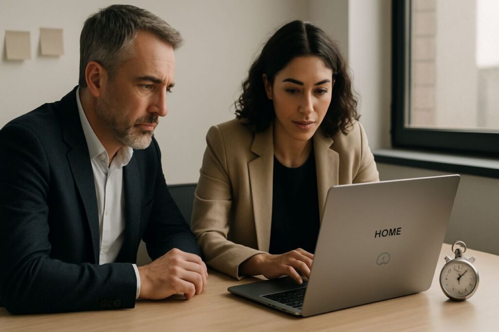 Dirigeant de PME et consultante évaluant la clarté d’une page d’accueil avec un chronomètre sur un bureau, ambiance professionnelle et contemporaine.
