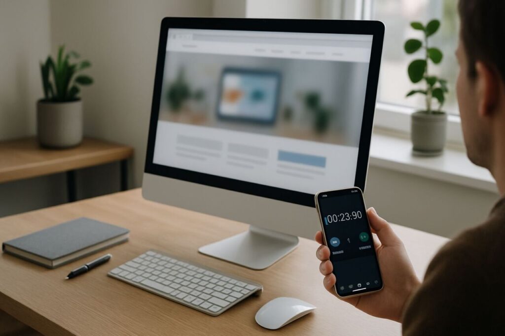 A person holds a smartphone in stopwatch mode in front of a screen showing a homepage to test 10-second comprehension.