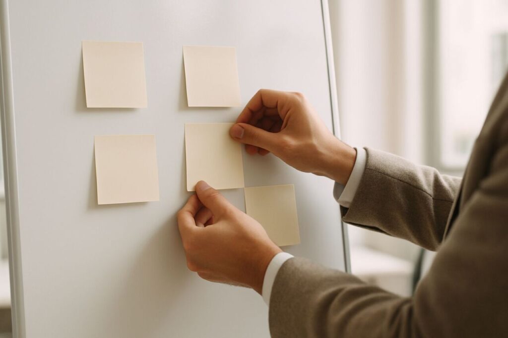 Hands of a consultant rearranging sticky notes on a whiteboard during a value proposition workshop, bright and minimal setting.