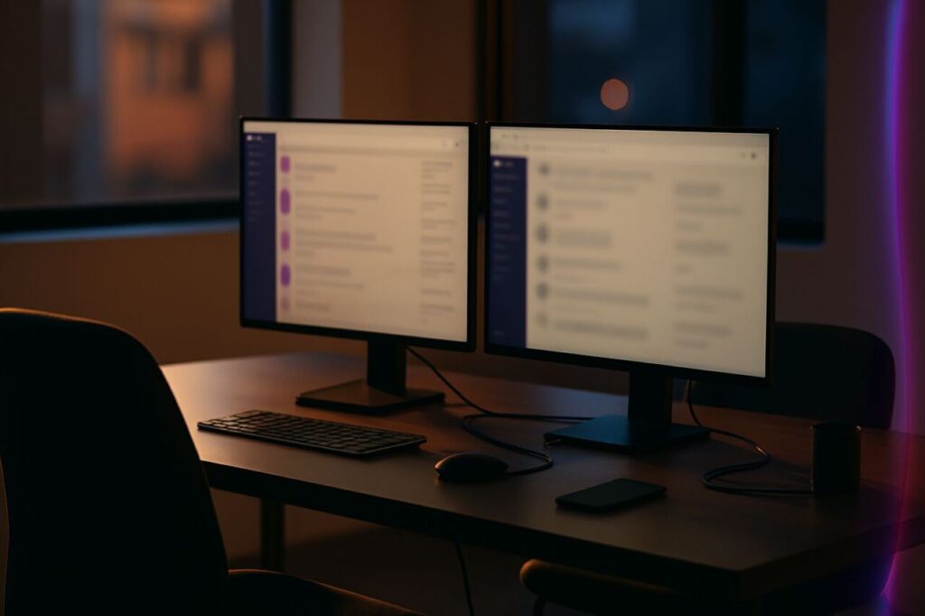 Deux écrans d’ordinateur affichant messagerie et chat en miroir dans un bureau vide, suggérant des échanges automatisés sans lecteur humain.