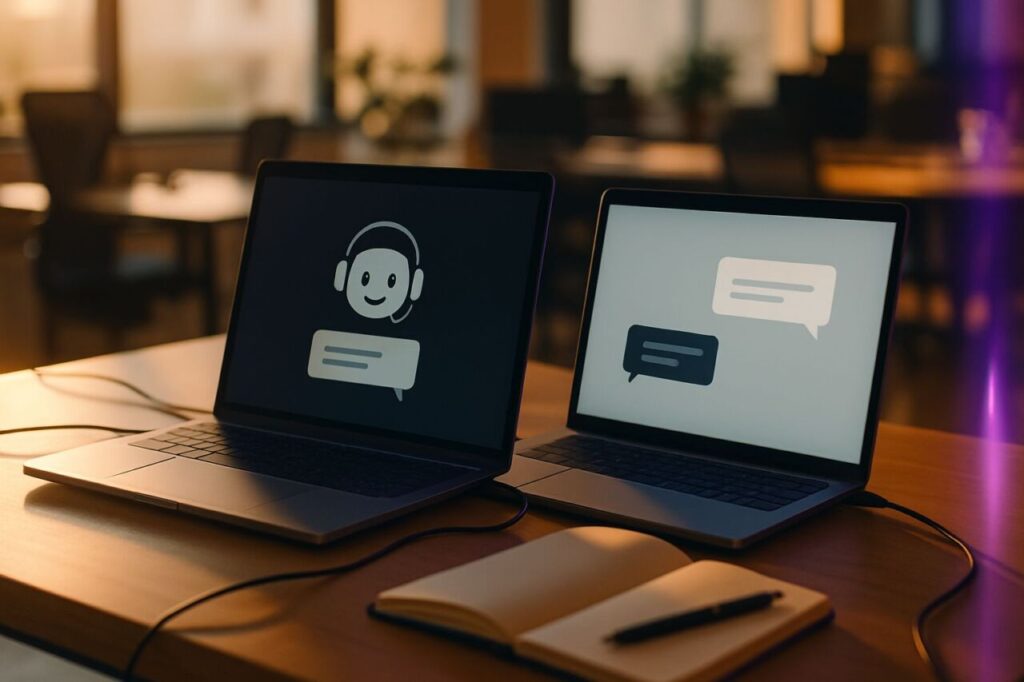 Deux écrans côte à côte où un chatbot répond à une notification automatique sur un autre appareil, dans un open space silencieux.