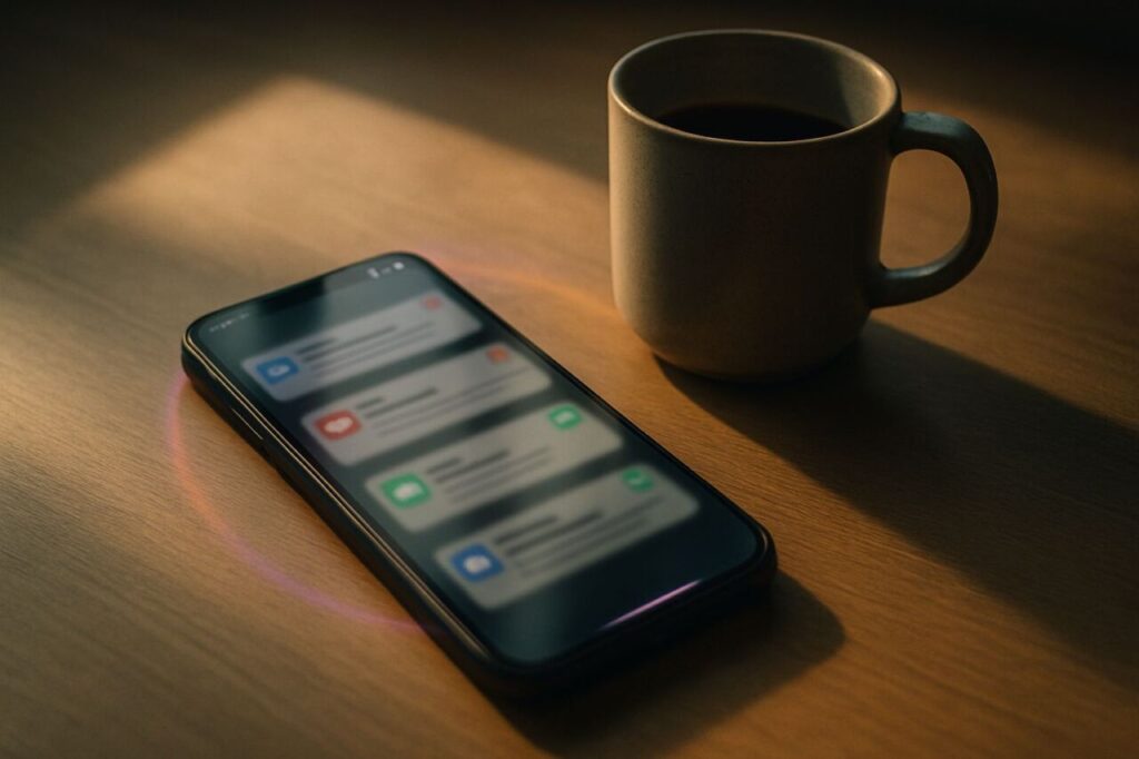 Smartphone showing email and message notifications on a desk, with no one around, evoking automated exchanges.
