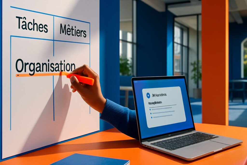 Dirigeant de PME analysant un tableau blanc séparant tâches, métiers et organisation, avec un ordinateur affichant un assistant IA.
