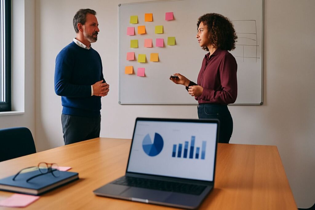 Un dirigeant de PME et une consultante marketing analysent un tableau blanc pour décider d’un dispositif de directeur marketing à temps partagé.
