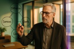 Consultant dessinant un graphe d’entités et de relations sur une paroi en verre pour structurer le champ sémantique d’une PME.
