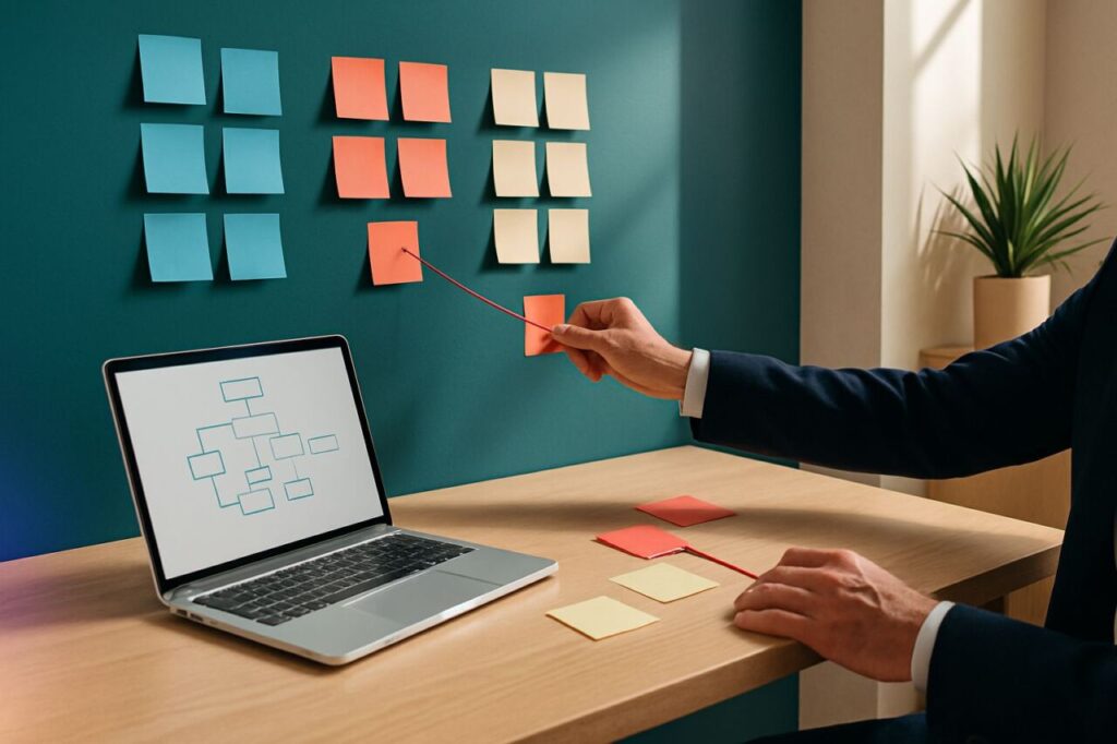 A business leader’s hand connecting themed sticky notes to structure the site’s content and its semantic field.