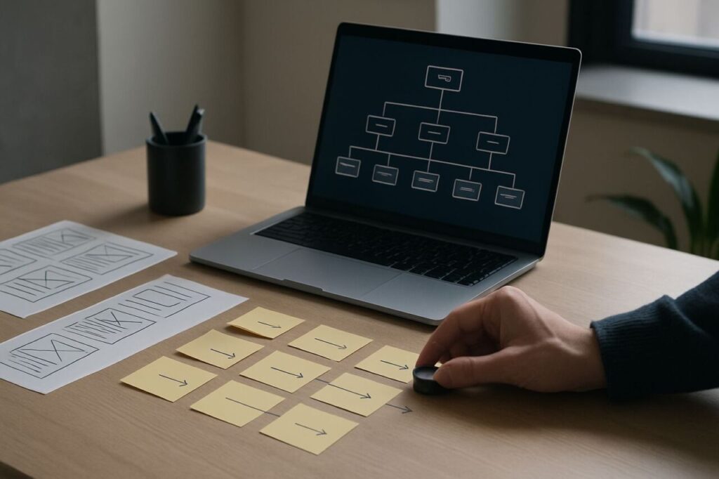 Table de travail avec parcours clients et maquettes filaires pour une refonte de site guidée par le marketing avant la direction artistique