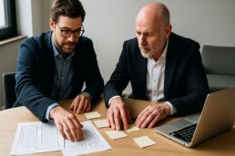 Un dirigeant de PME et un consultant marketing alignent message, offre et parcours sur des wireframes papier avant la refonte du site.