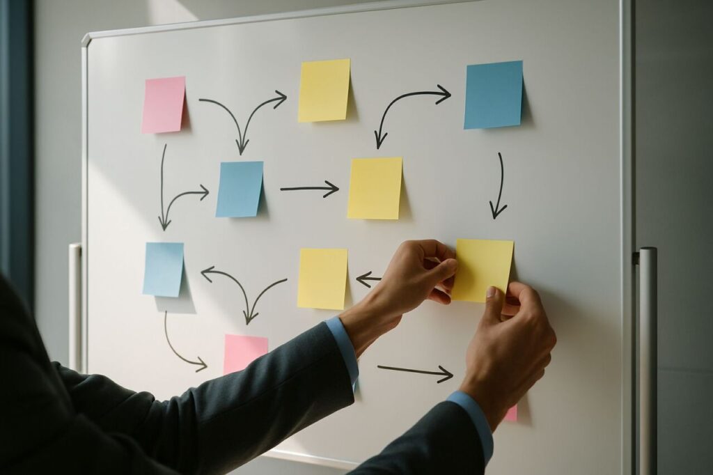 Whiteboard showing a sketched and reorganized customer journey during prep for a marketing-led website redesign