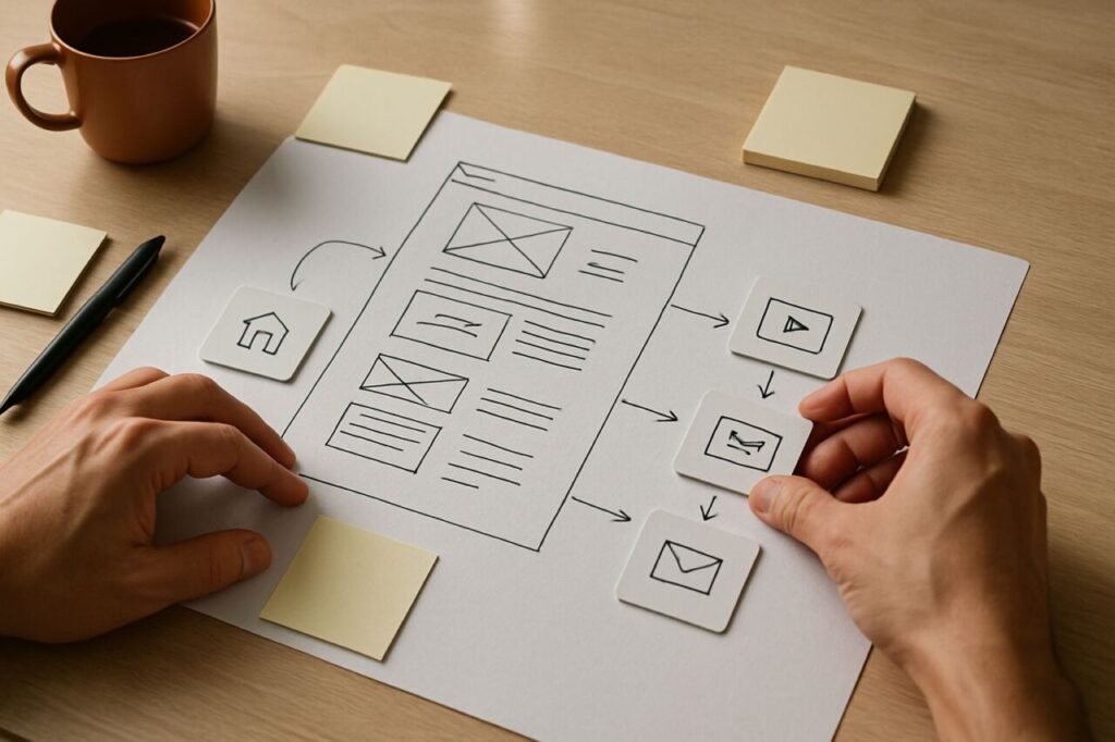 Close-up of a working session where a sitemap and sticky notes help organize message, offer, proof, and journeys before the design phase.