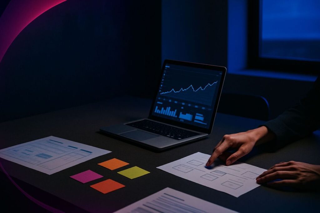 Consultant marketing échange avec deux dirigeants de PME autour d’analytics et de documents de parcours client.