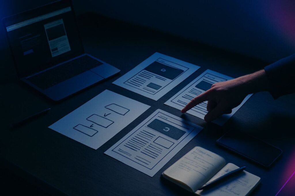Un dirigeant et un consultant examinent des maquettes de site web et un schéma à main levée sur une table, ordinateur portable ouvert à côté.