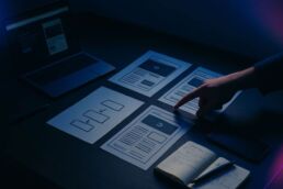 Un dirigeant et un consultant examinent des maquettes de site web et un schéma à main levée sur une table, ordinateur portable ouvert à côté.