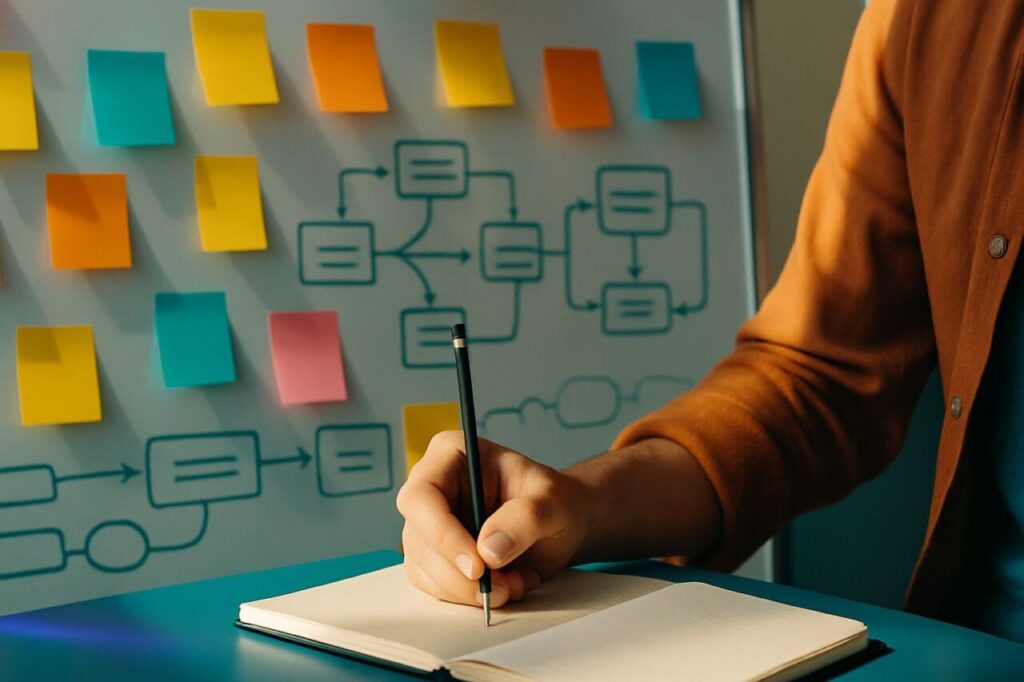 Hand writing in a notebook in front of a whiteboard covered with sticky notes about the customer journey, collaborative team work atmosphere.