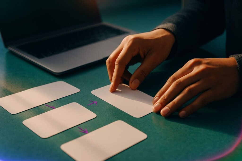 Close-up of index cards being moved on a table to represent a customer journey, with a blurred laptop in the background.