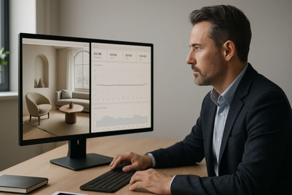 Un dirigeant de PME devant un écran montrant un site web soigné avec un tableau de bord d’analytics à la courbe de ventes quasi plate.